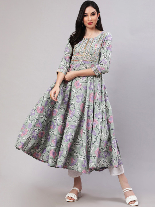 GLAM ROOTS Floral Motifs Printed Gotta Patti Anarkali Kurta