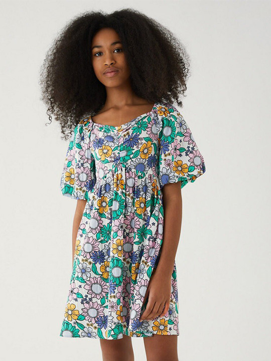 Marks & Spencer Girls Floral Printed Gathered Puff Sleeves A-Line Dress
