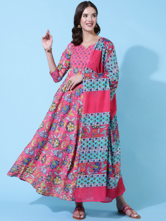 GLAM ROOTS Floral Printed Empire Gotta Patti Kurta With Pyjamas & Dupatta