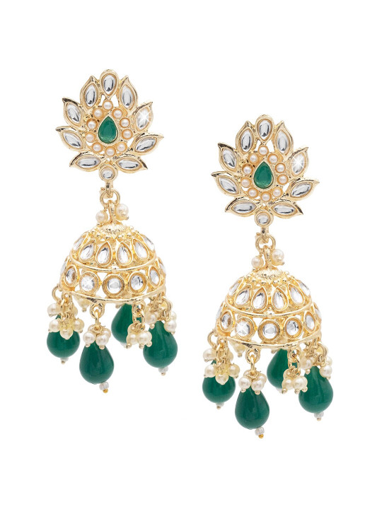 Shining Jewel - By Shivansh Gold Plated Kundan Studded & Beaded Dome Shaped Jhumkas
