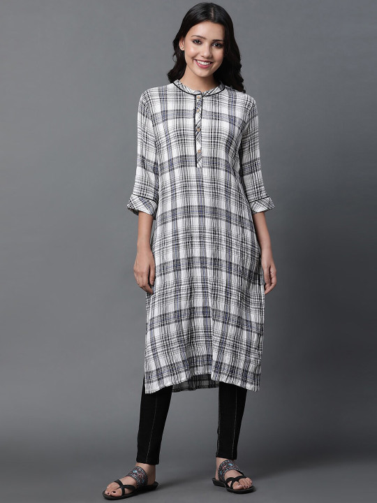 AURELIA Checked Mandarin Collar Pure Cotton Straight Kurta With Trouser