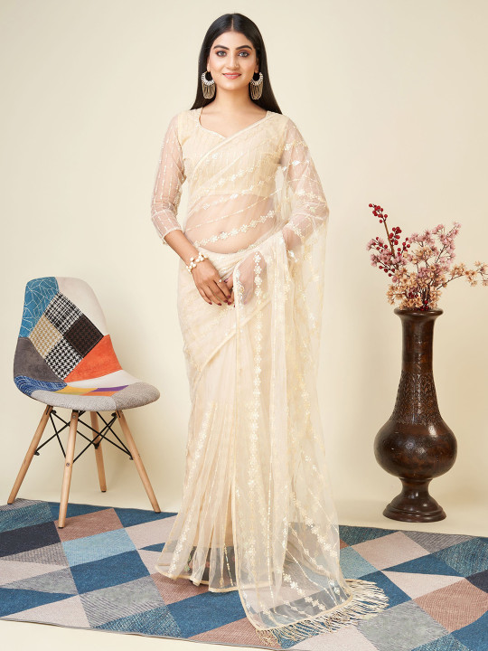 VAIRAGEE Floral Embroidered Sequinned Net Saree