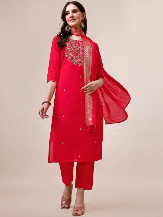 KALINI Floral Yoke Design Beads And Stones Chanderi Cotton Kurta with Trousers & Dupatta