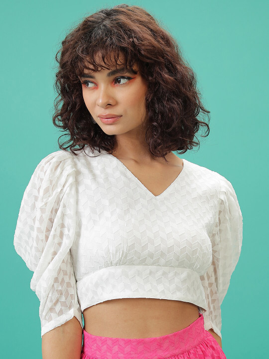 Tokyo Talkies White Self Design Embroidered Puff Sleeve Fitted Crop Top
