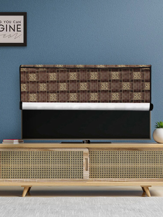 DREAM CARE Cream & Brown Printed Plastic Waterproof Flap TV Protector