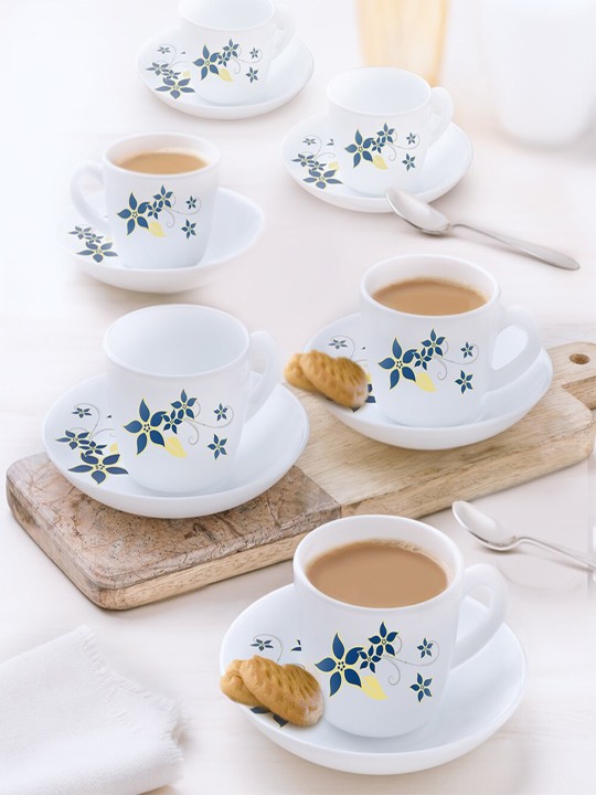 Larah By Borosil Viva White 12 Pieces Printed Opalware Glossy Cups and Saucers 140 ml Each