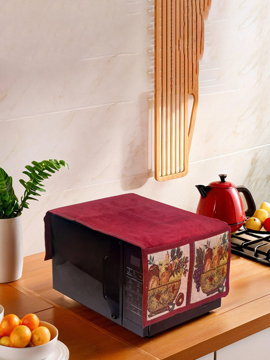 Kuber Industries Maroon Printed Velvet Microwave Oven Top Cover With 4 Pockets- 20 Ltr