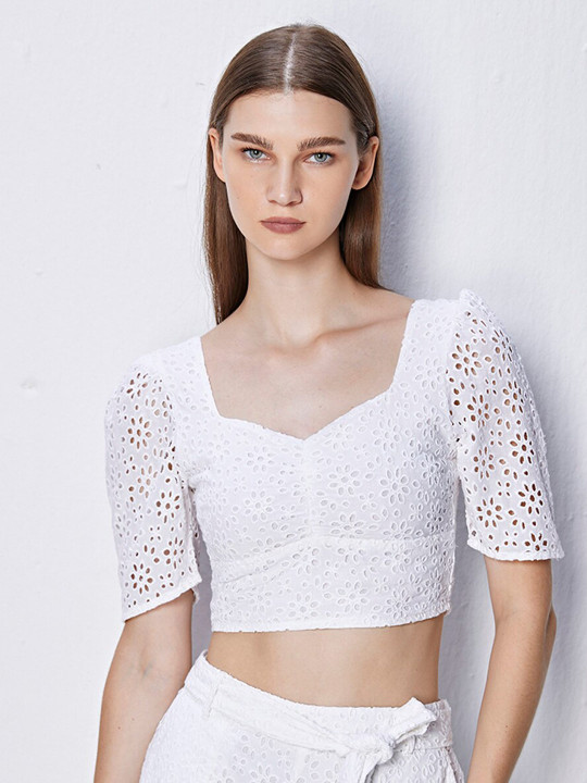 COVER STORY White Self Design Sweetheart Neck Puff Sleeves Cotton Schiffli Fitted Crop Top