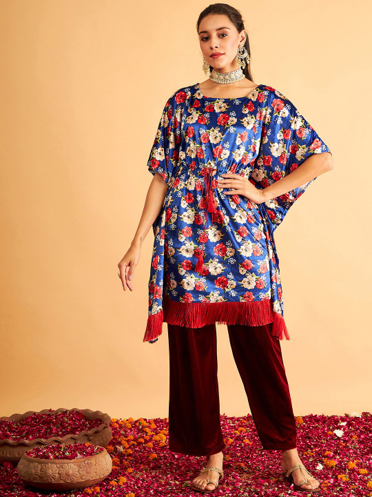 Shae by SASSAFRAS Floral Printed Velvet High Low Kaftan Kurta