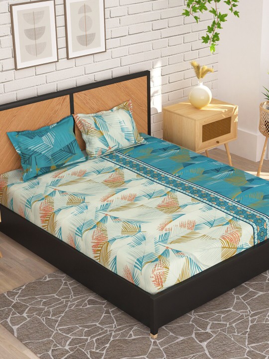 Story@Home Blue & White Floral Microfiber 180 TC Queen Bedsheet With 2 Pillow Covers