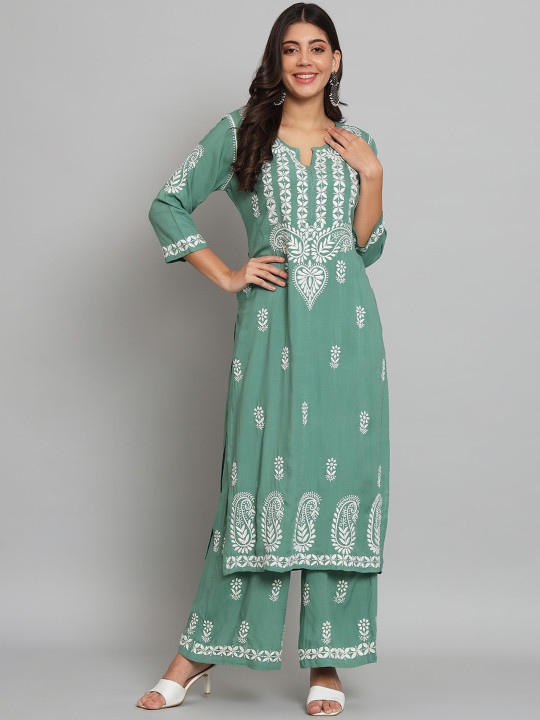 akheri Floral Embroidered Regular Chikankari Kurta With Palazzos