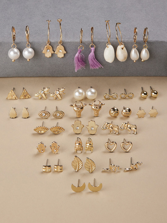 Zaveri Pearls Set of 25 Gold Plated Contemporary Studs & Hoops Earrings