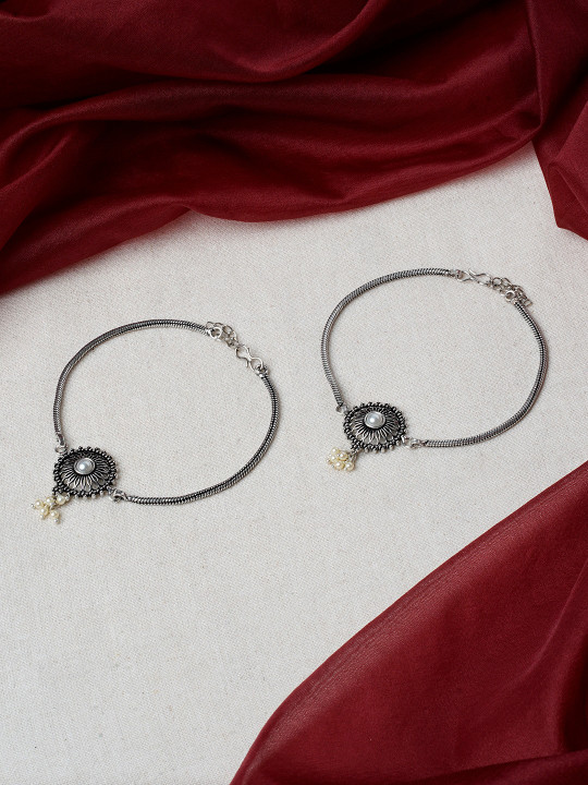 TEEJH Silver-Plated Beaded Oxidised Anklets