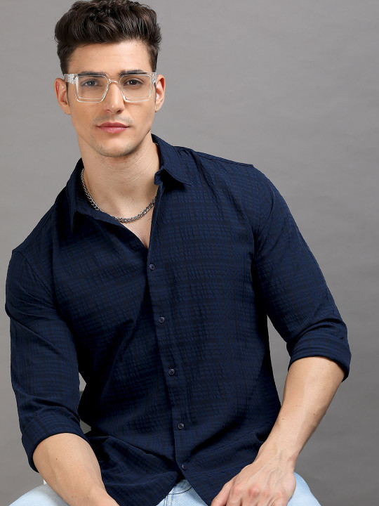 HERE&NOW Self Design Slim Fit Popcorn Texture Casual Shirt