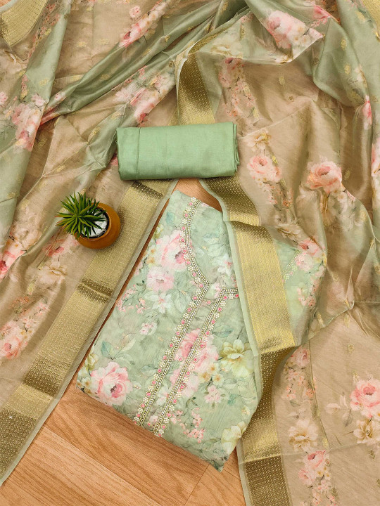 KALINI Floral Printed Organza Unstitched Dress Material