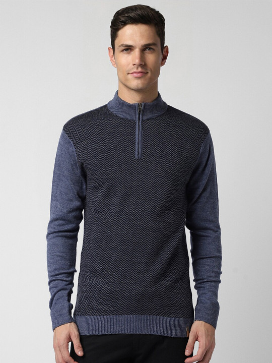 Peter England Casuals Colourblocked High Neck Long Sleeve Acrylic Pullover Sweater