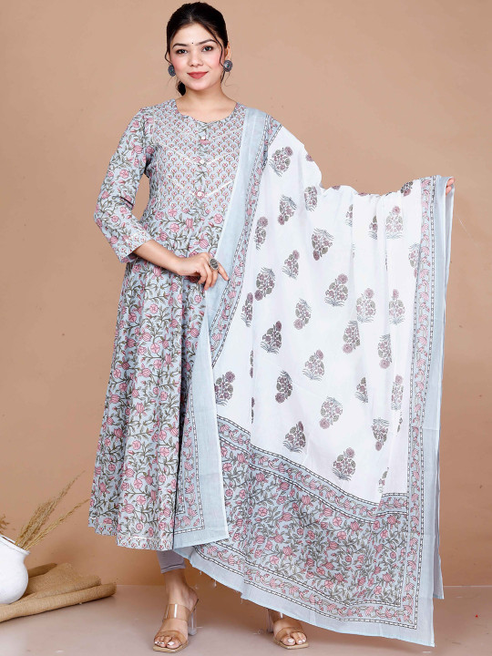 MIRAVAN Floral Printed Gotta Patti Anarkali Cotton Kurta With Dupatta