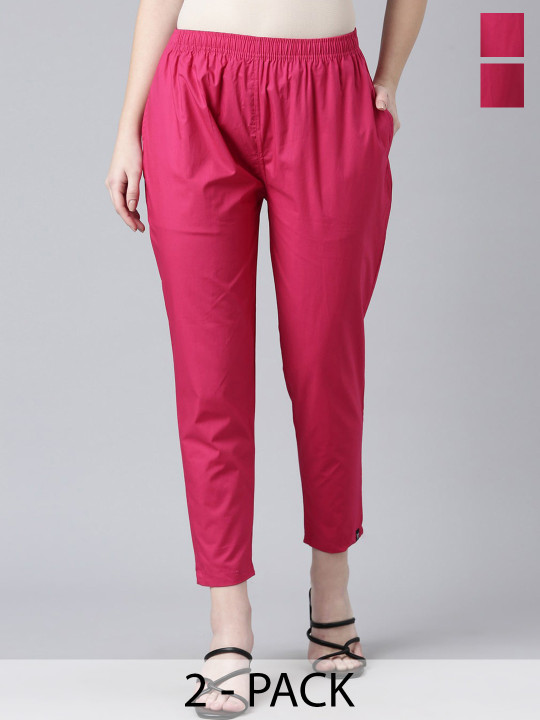 TWIN BIRDS Women Pack Of 2 Mid-Rise Pure Cotton Cropped Cigarette Trousers