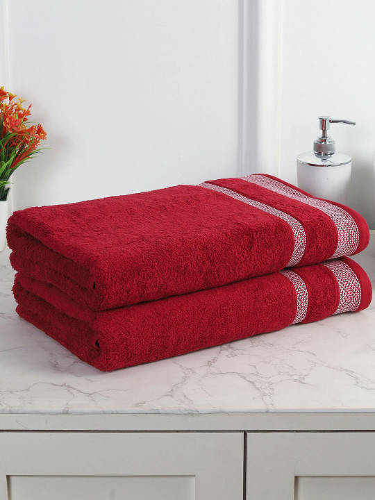 MAFATLAL Red Solid Cotton 550GSM Super Soft 2PCs Adult Regular Bath Towel-28x55In