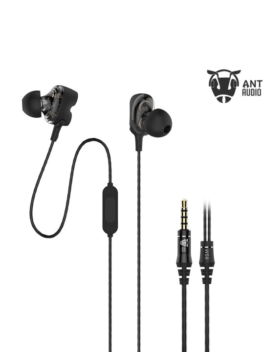 W59 Unisex Black Dual Driver In-Ear Wired Headphones with Built-In Mic