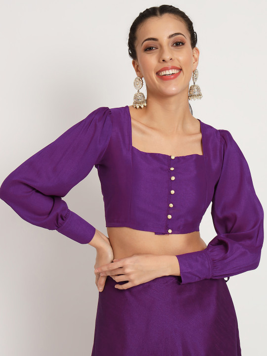 studio rasa Square Neck Cuffed Sleeve Fitted Crop Top