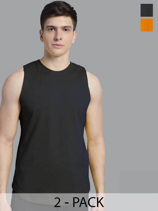 FBAR Pack of 2 Round Neck Sleeveless Bio Wash Pure Cotton Gym Vest