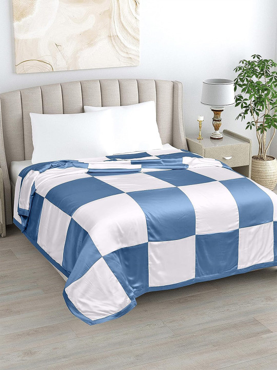 LINENWALAS Happy Sleeping White & Blue Checked Vegan Silk AC Room 233 GSM Single Bed Dohar
