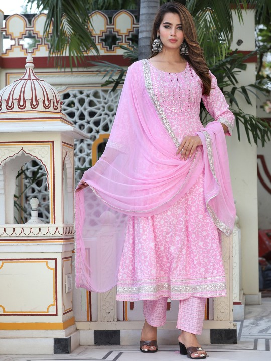 Floral Printed Mirror Work Anarkali Kurta & Trousers With Dupatta