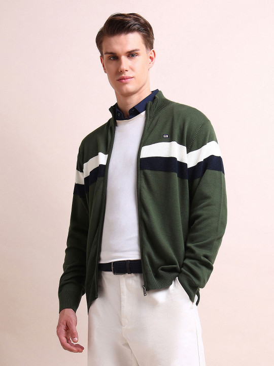 Arrow Sport Striped Pure Cotton Front Open Sweater