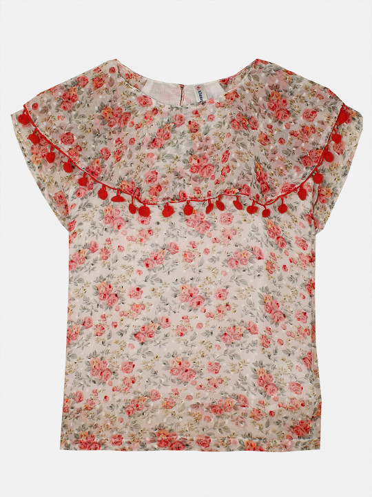 KiddoPanti Girls Floral Printed Cap Sleeves Top