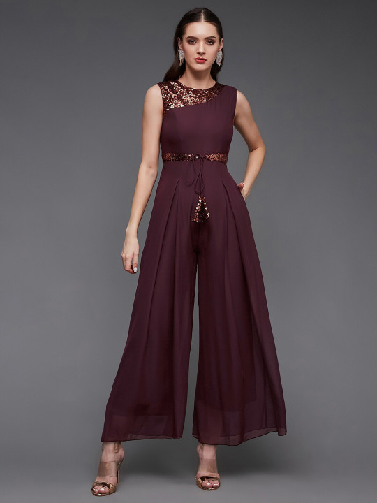 Miss Chase Women's Wine Solid Relaxed Fit Sleeveless Round Neck Straight Party Jumpsuit