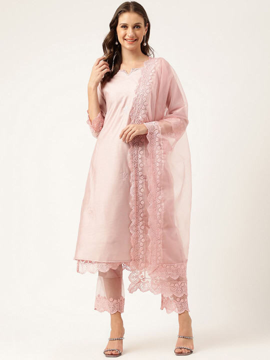 KALINI Floral Embroidered Regular Thread Work Chanderi Silk Kurta With Trousers & Dupatta