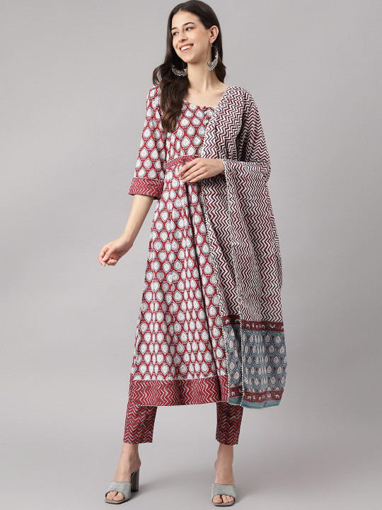 KALINI Ethnic Motifs Printed Pure Cotton Anarkali Kurta & Trousers With Dupatta