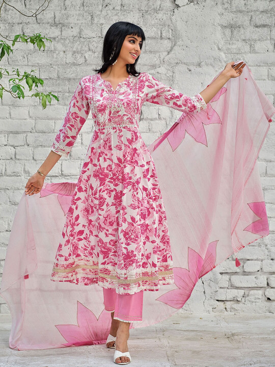 KALINI Floral Printed Sequinned Pure Cotton Anarkali Kurta With Trousers & Dupatta