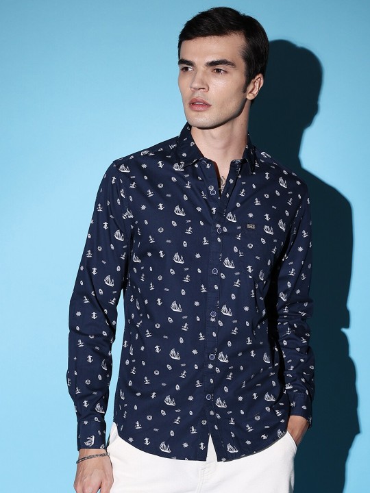 The Indian Garage Co Navy Blue Slim Fit Conversational Printed Cotton Casual Shirt