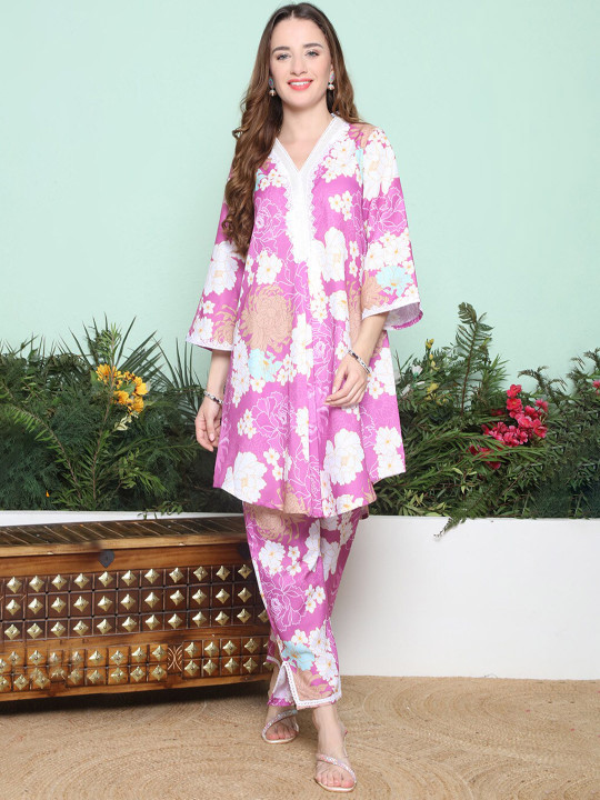 Bhama Couture Floral Printed Pure Cotton Flared Sleeves A-Line Kurta With Trousers