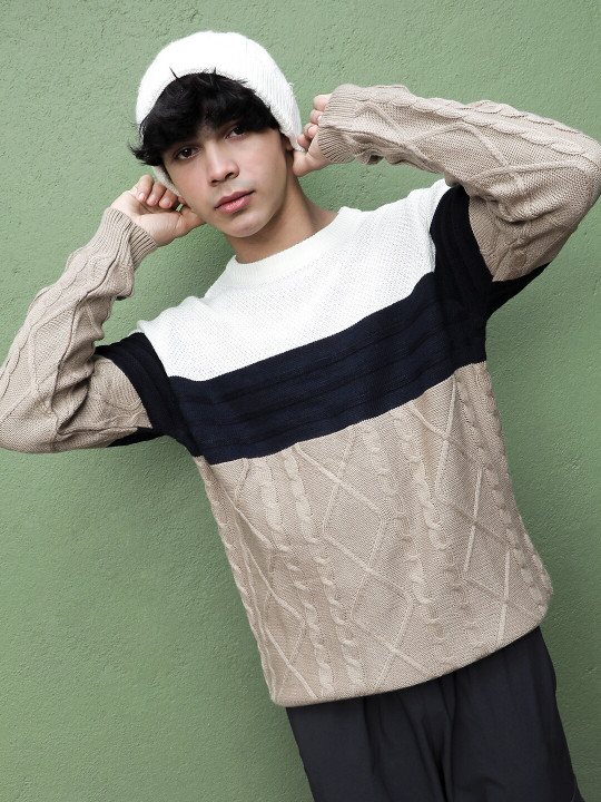 Campus Sutra White & Navy Blue Cable Knit Self Design Round Neck Cotton Pullover