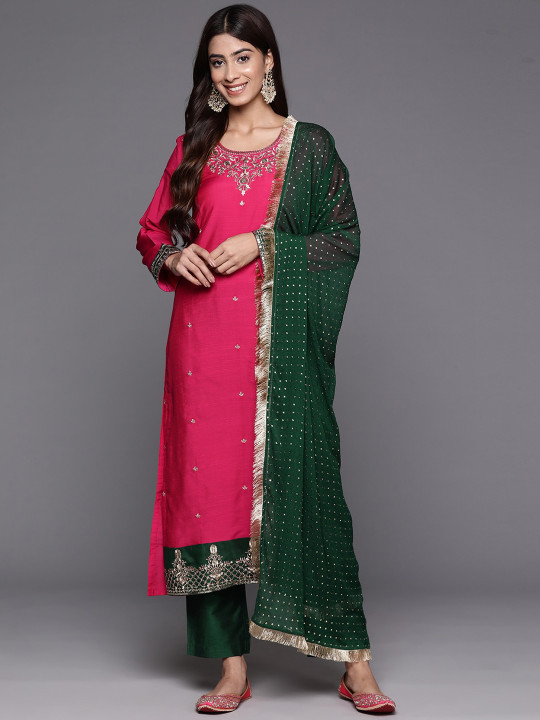 KALINI Ethnic Motifs Embroidered Thread Work Detail Straight Kurta & Trouser With Dupatta