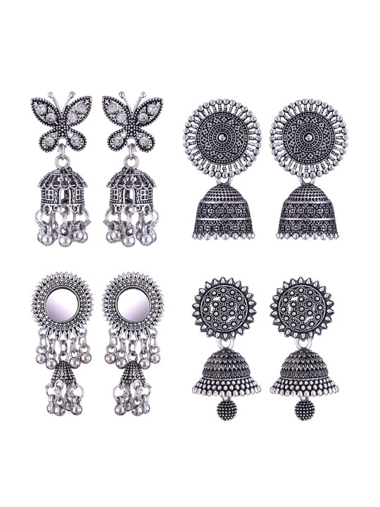 MEENAZ Set Of 4 Silver-Plated Stainless Steel Stones Studded & Beads Beaded Jhumkas