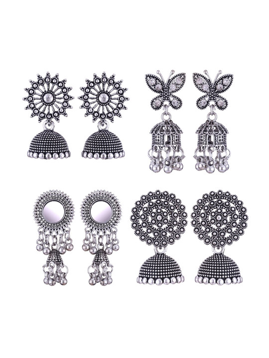 MEENAZ Set of 4 Oxidised Silver Plated Stainless Steel Jhumkas