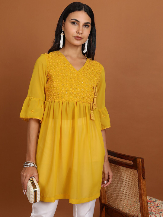 KETCH Ethnic Motifs Embroidered V-Neck Bell Sleeve Pleated A-Line Kurti