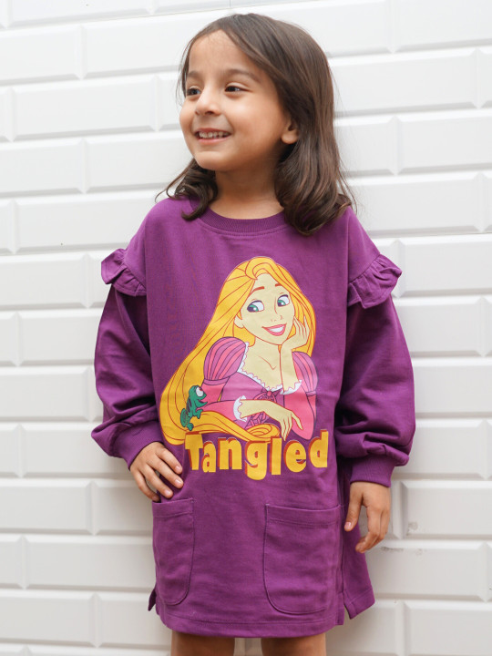 Nap Chief Girls Disney Rapunzel Printed Ruffled Pure Cotton T-Shirt Above Knee Dress