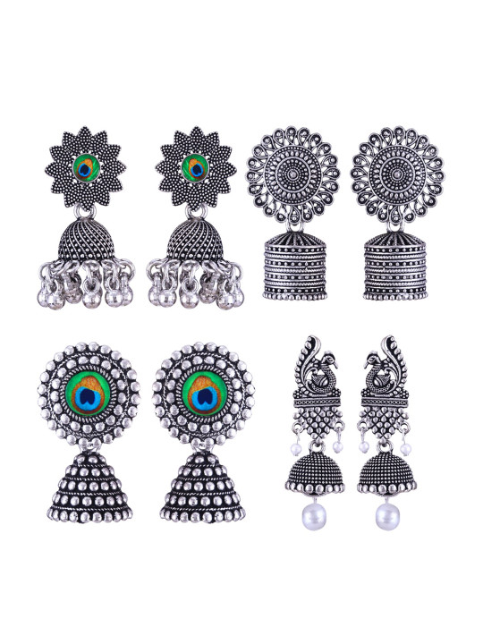 MEENAZ Set Of 4 Stainless Steel Silver Plated Artificial Stones and Beads Studded Earrings