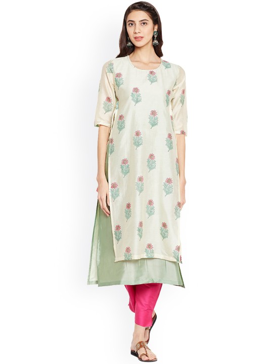 Women Off-White & Green Printed Straight Layered Kurta S