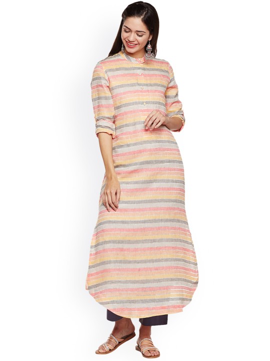 Women Multicoloured Striped A-Line Linen Kurta S