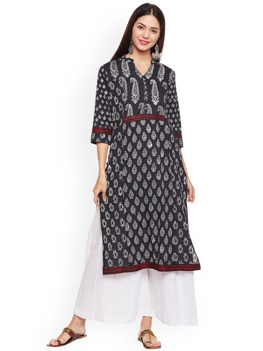 Women Black & White Printed Straight Kurta S