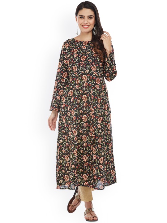 Women Black & Multicoloured Printed A-Line Kurta S