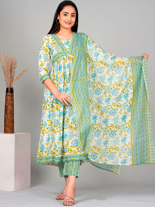 KPF Floral Printed Empire Kurta With Trousers & Dupatta