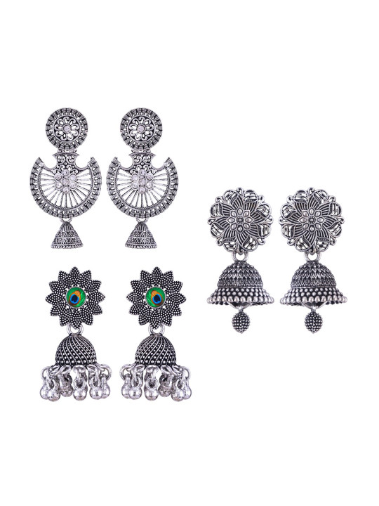 MEENAZ Set Of 3 Peacock Shaped Oxidised Classic Jhumkas Earrings