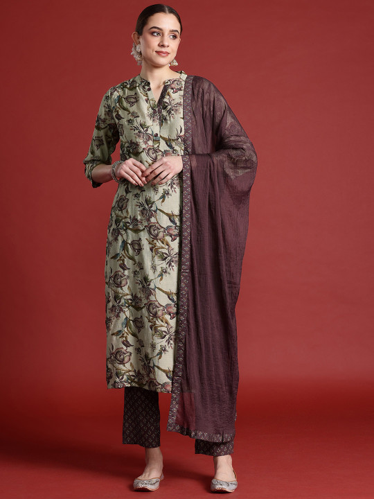 Anouk Floral Printed Regular Kurta with Trousers & Dupatta